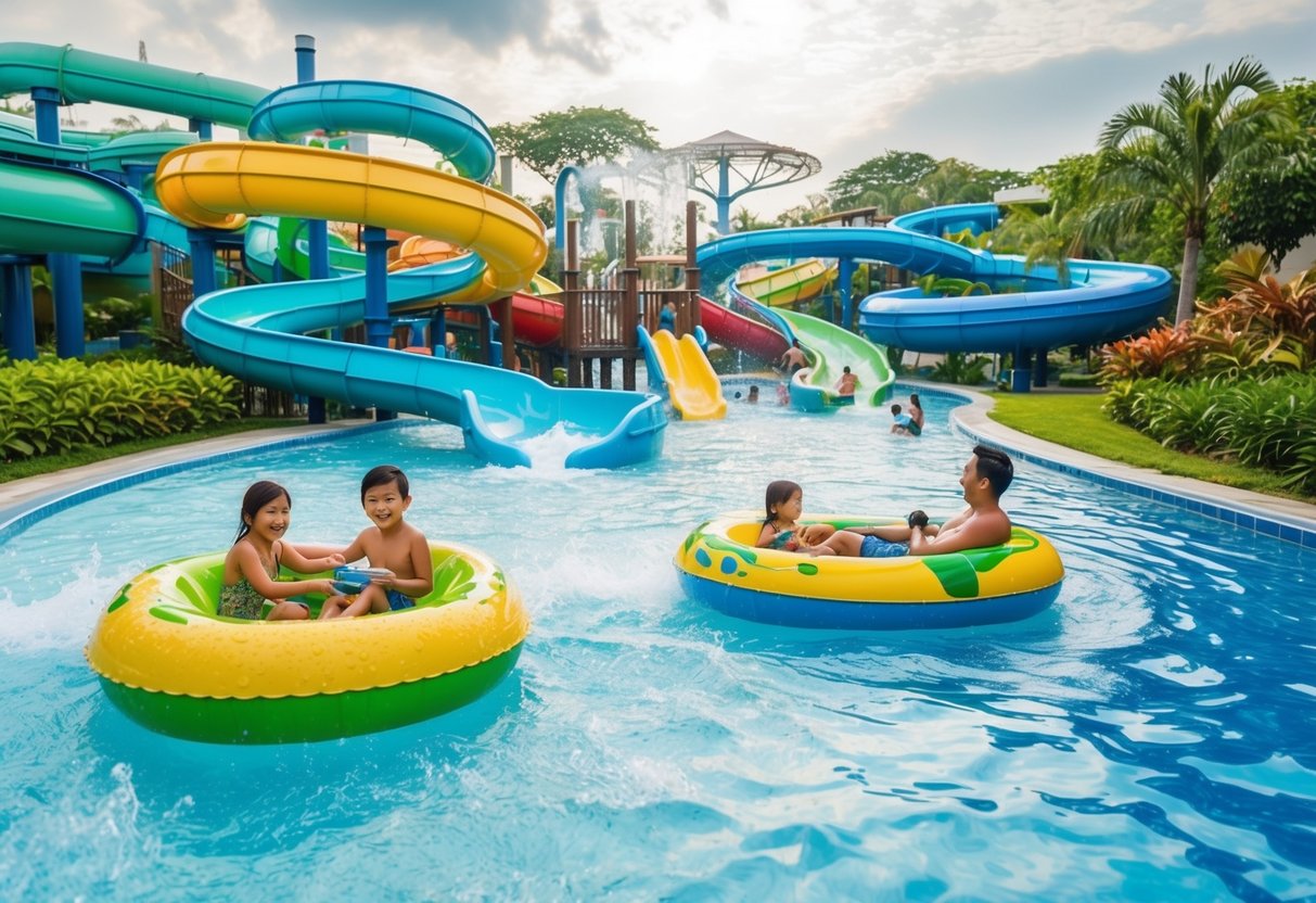 Families enjoying water slides, lazy river, and wave pool at d'resort water park in Singapore