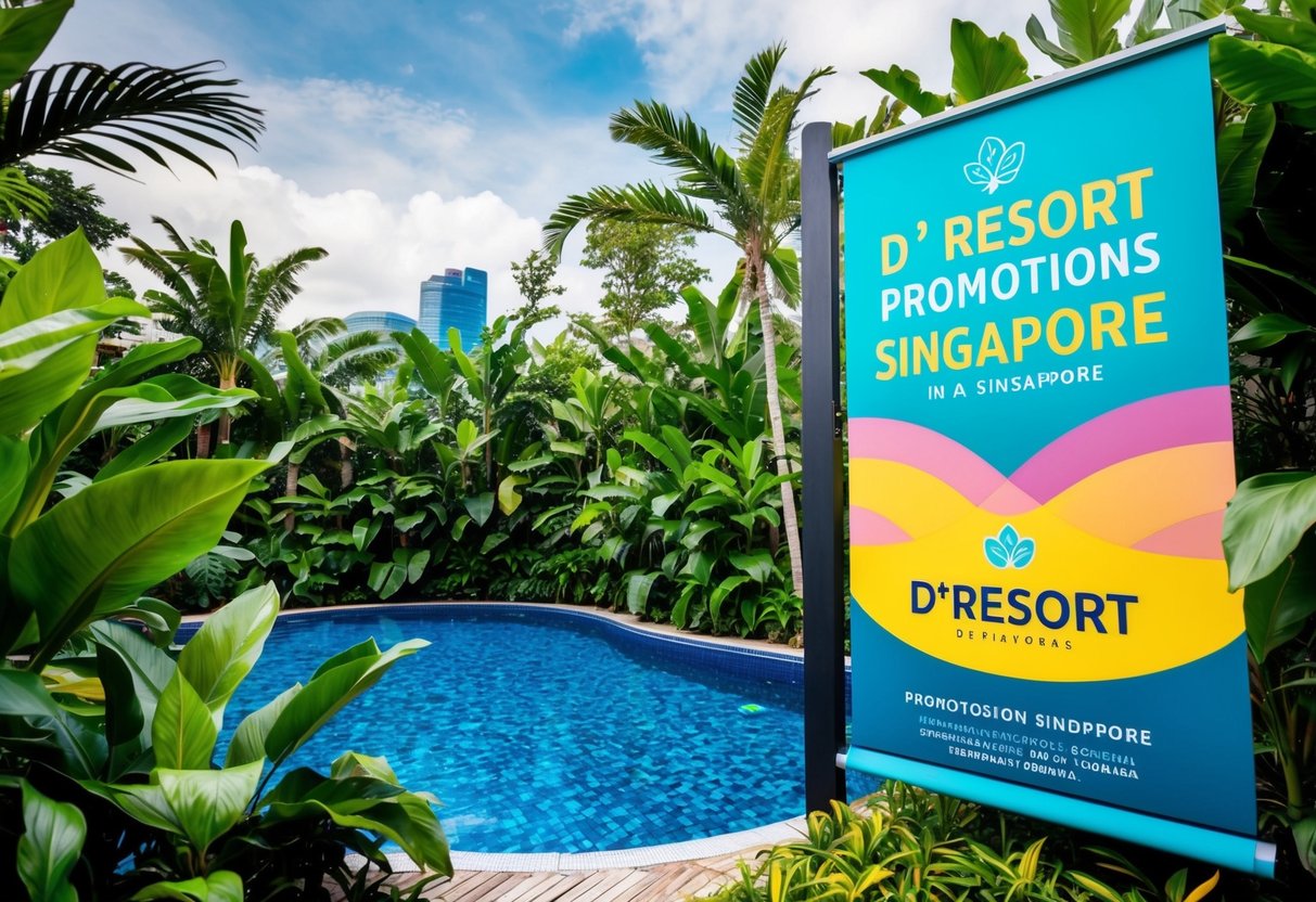 A colorful banner advertising D'Resort promotions in Singapore, surrounded by lush tropical foliage and a sparkling swimming pool