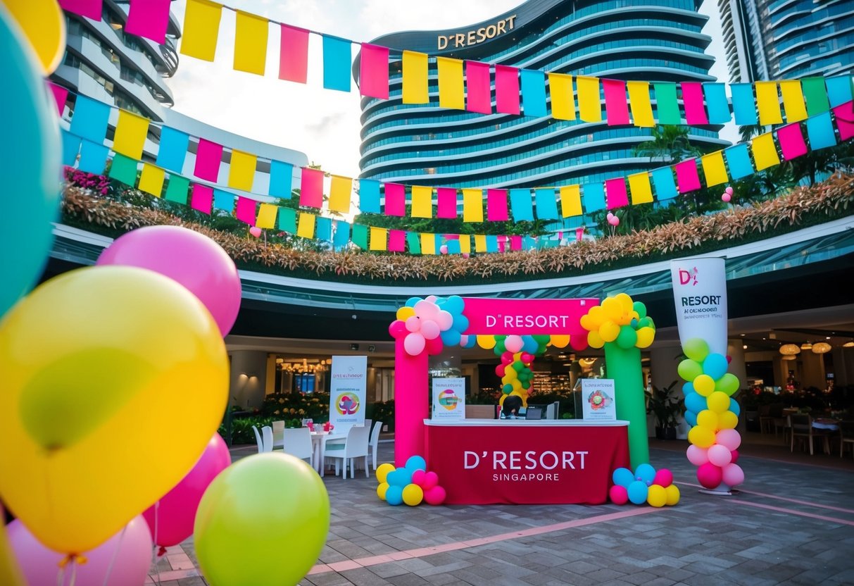 A festive scene with colorful banners, balloons, and a promotional booth set up in front of d'resort in Singapore
