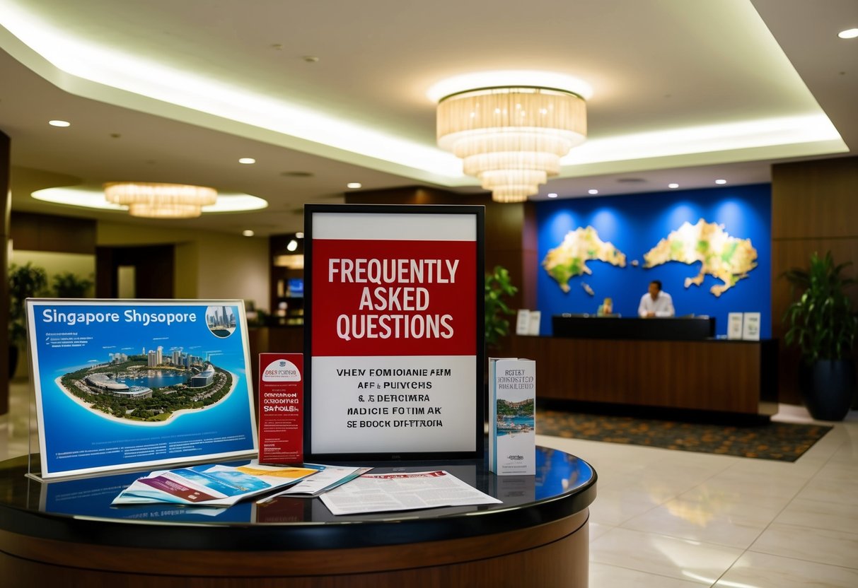 A bustling resort lobby with a prominent "Frequently Asked Questions" sign, surrounded by promotional materials and a map of Singapore