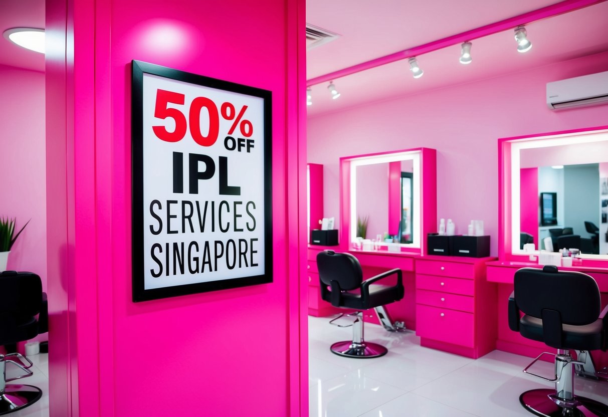 A bright pink salon with a bold sign advertising 50% off IPL services in Singapore