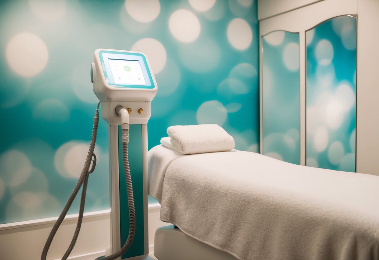 A serene spa room with a comfortable treatment bed, soft lighting, and a machine for IPL hair removal