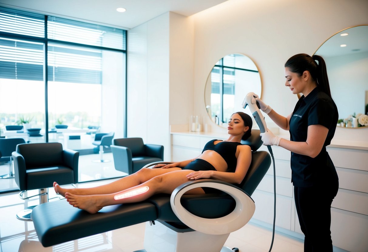 A woman reclines in a modern salon chair as a technician uses an IPL device on her leg, surrounded by sleek, minimalist decor
