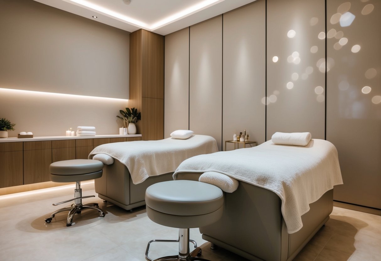 A serene spa room with soft lighting, plush chairs, and a calming ambiance for facial, IPL, and hair spa promotions