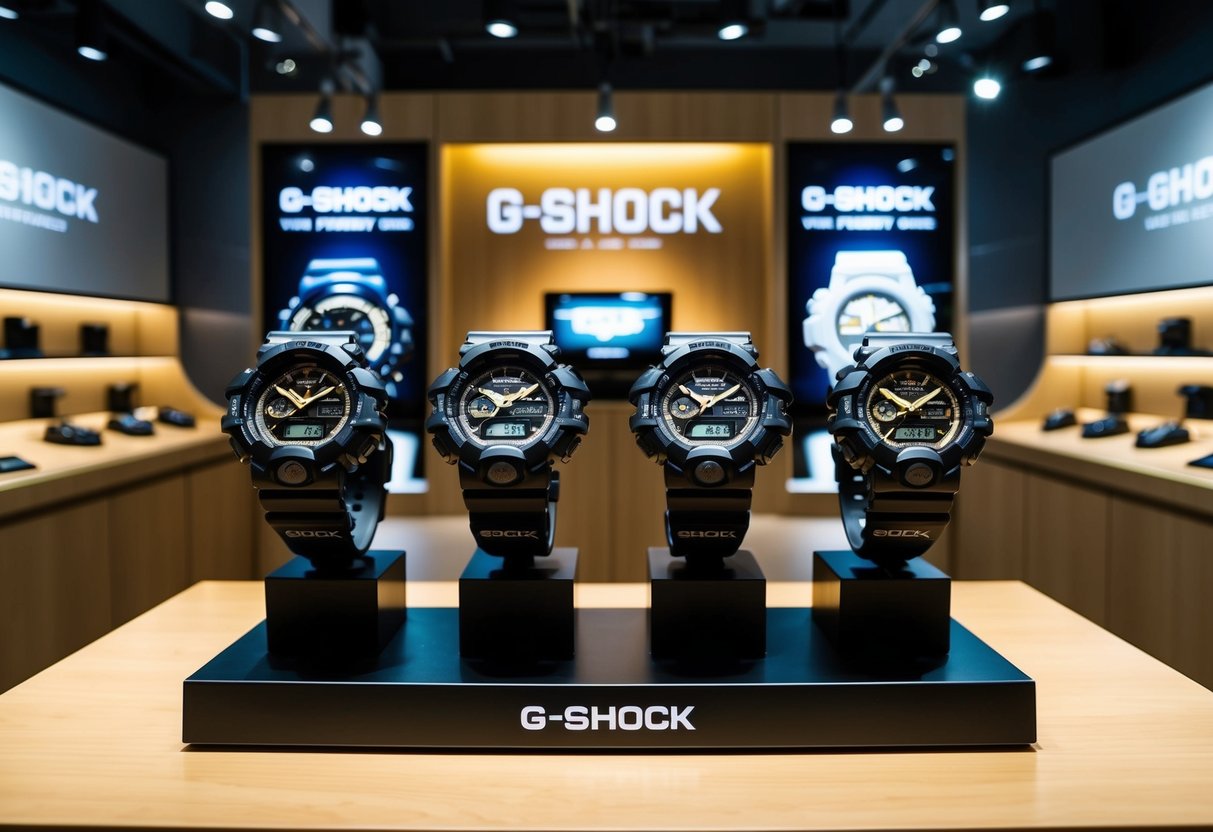 A sleek display of G-SHOCK watches showcased with promotional signage at a g factory store in Singapore