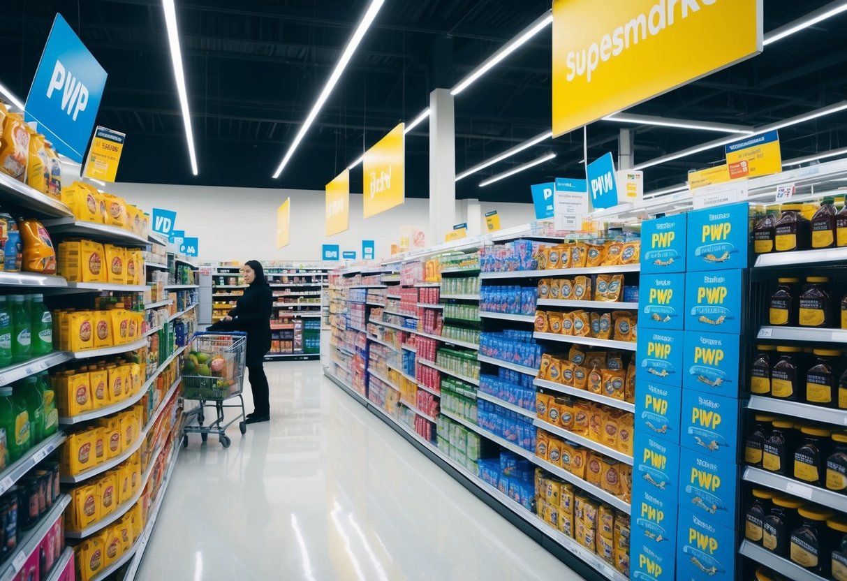 A bustling supermarket aisle with colorful PWP items displayed alongside regular products, with promotional signage and bright lighting