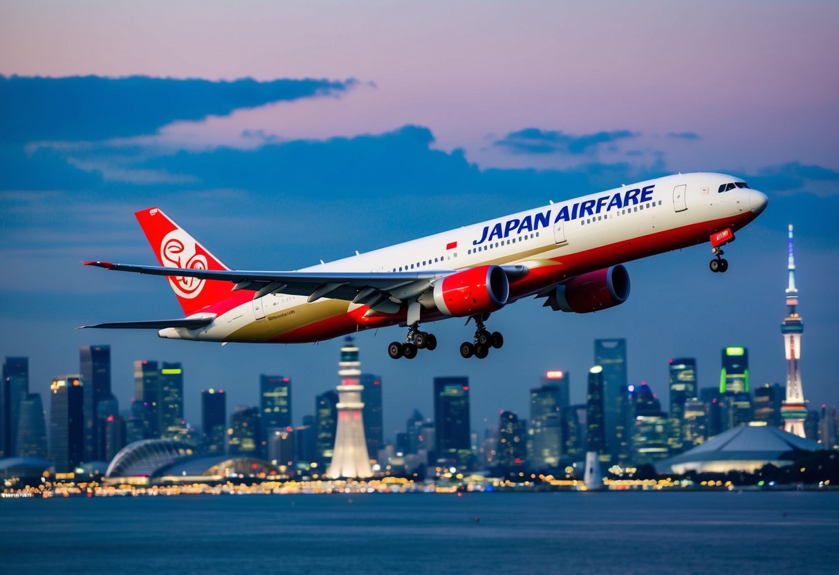 A vibrant airplane flying over iconic Japanese landmarks, with a prominent "Japan Airfare Promotions Singapore" banner