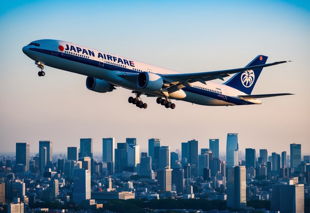 A sleek Japan Airlines plane soaring over the iconic skyline of Tokyo, with a bold "Japan Airfare Promotions" banner displayed on its side
