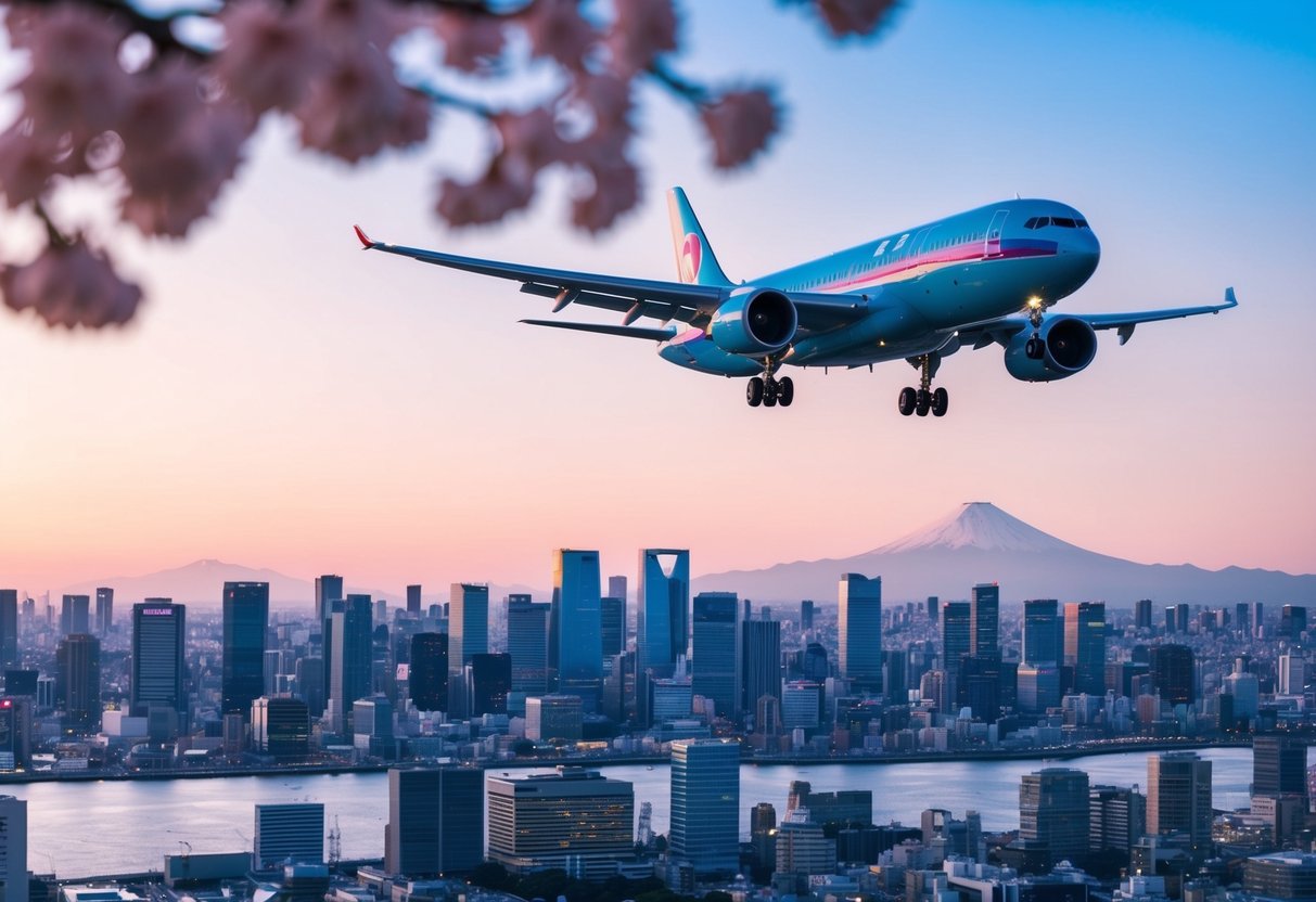 A vibrant airplane flying over the iconic skyline of Osaka, Japan with a backdrop of cherry blossom trees in full bloom