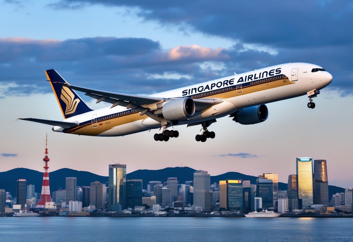 A colorful airplane flying over the iconic skyline of Kyoto, with the Singapore Airlines logo prominently displayed