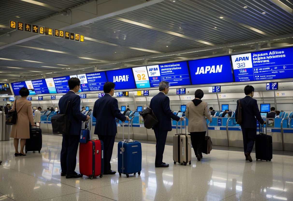 Passengers boarding Japan Airlines with frequent flyer promotions in a bustling airport terminal
