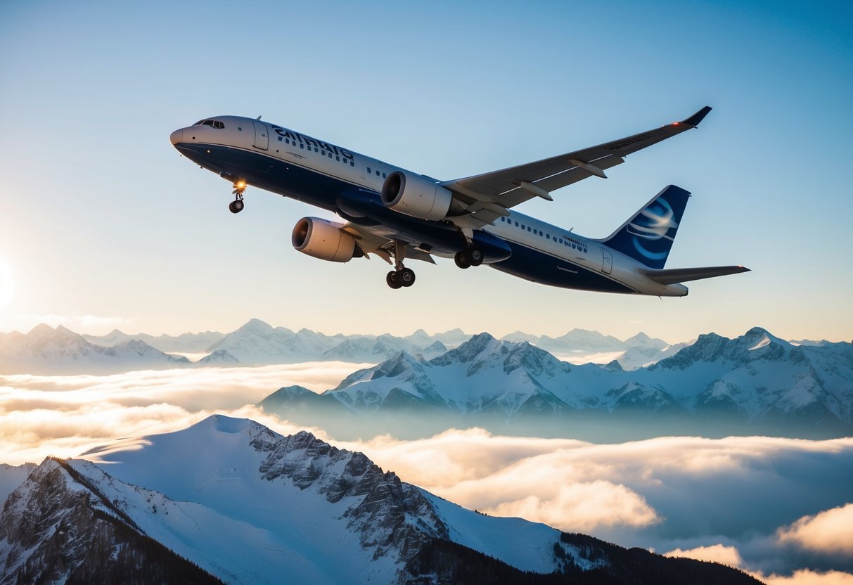 An airplane soaring over snow-capped mountains with promotional banners in the background