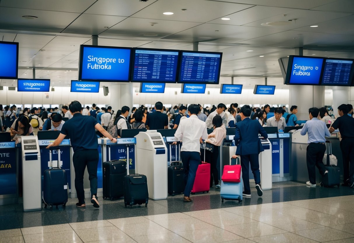 Passengers rushing to book Singapore to Fukuoka flights during Japan airfare promotions. Busy airport scene with people at ticket counters and crowded waiting areas