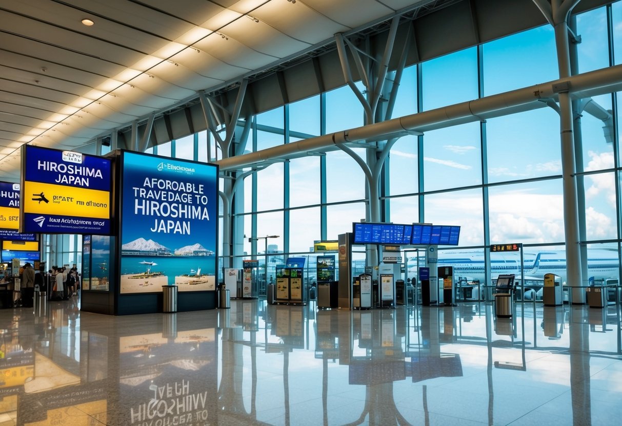 A bustling airport terminal with a prominent promotional display for affordable travel packages to Hiroshima, Japan
