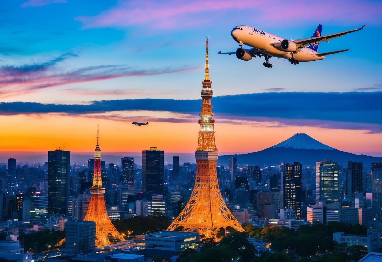A vibrant cityscape with iconic Japanese landmarks, a plane flying above, and a promotional banner for Japan airfare deals in the foreground