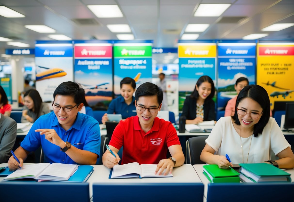 Passengers eagerly booking flights at a bustling Singapore travel agency, with colorful promotional posters and excited customers