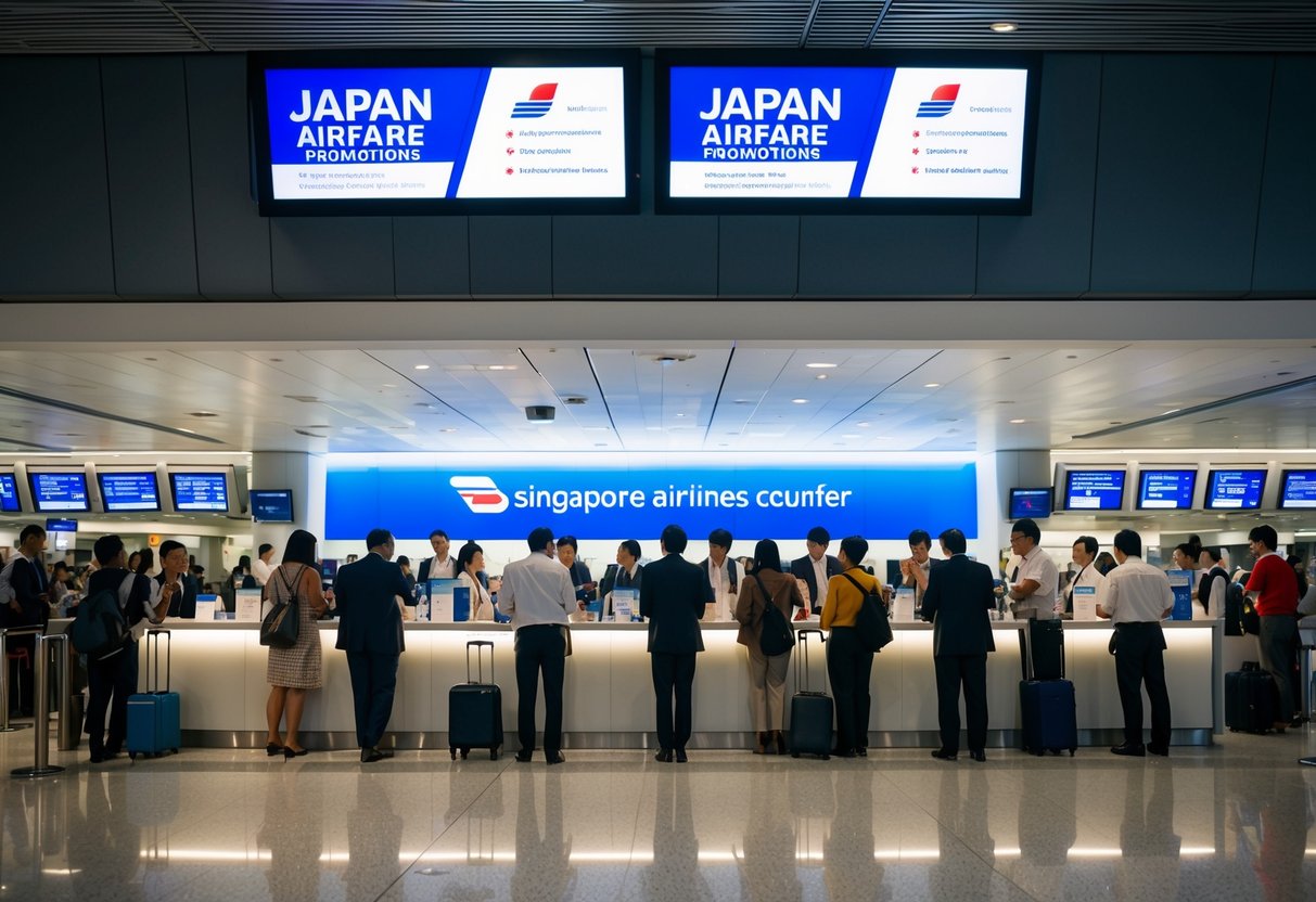 A bustling airport terminal with a prominent display of "Japan Airfare Promotions" and a crowd of people inquiring at a Singapore Airlines counter