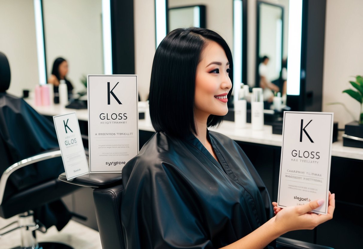 A woman in a salon chair with glossy, smooth hair, surrounded by promotional materials for K Gloss hair treatment in Singapore