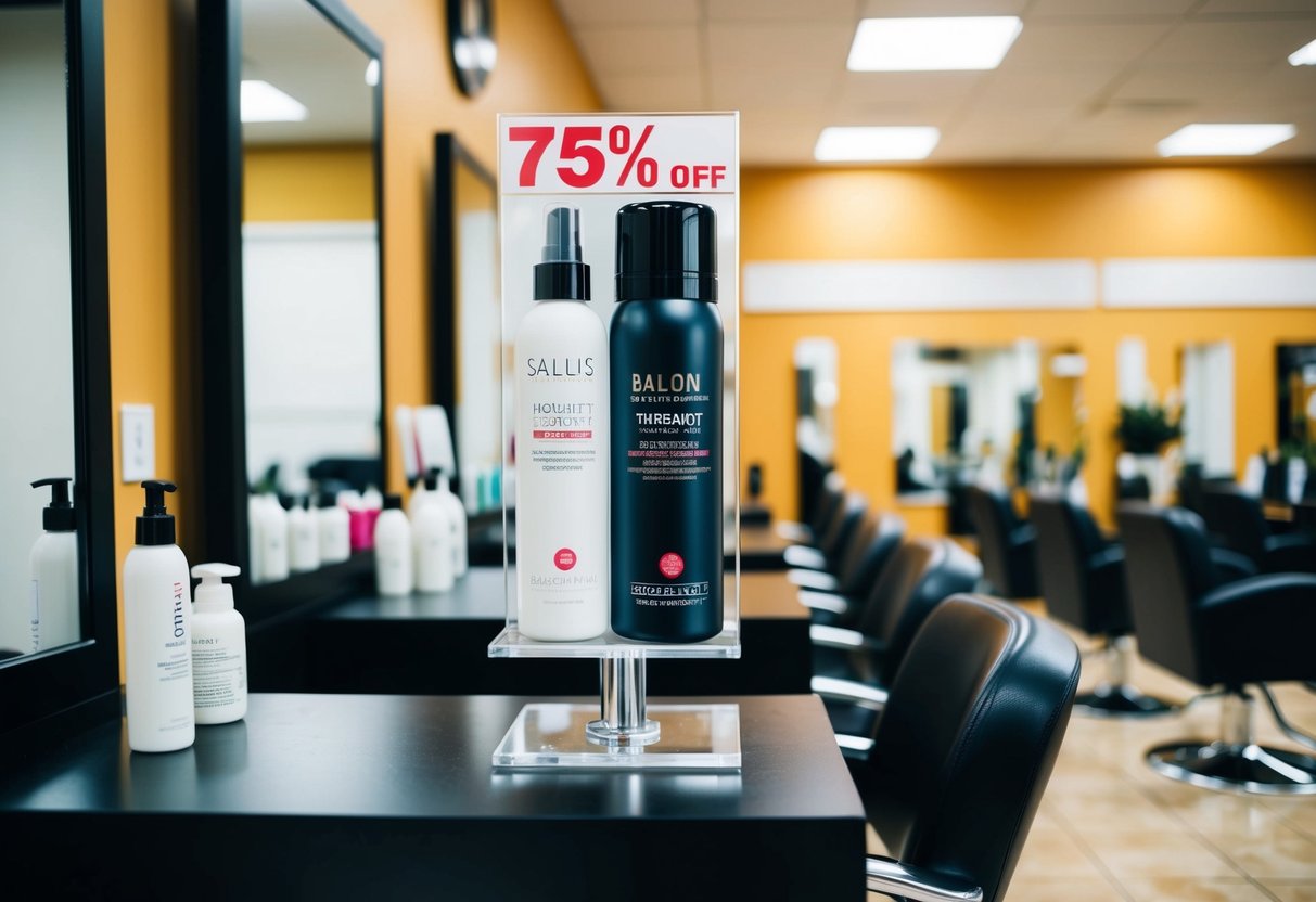 A salon chair with a hair treatment product displayed at 75% off