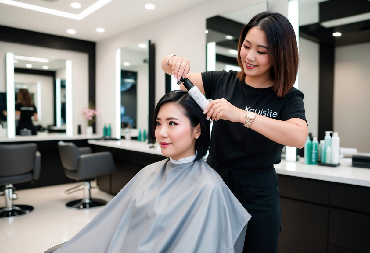 A stylist applies K-Gloss treatment to a client's hair at Xquisite Hair salon in Singapore. The client sits comfortably in a modern chair, surrounded by sleek and stylish salon decor