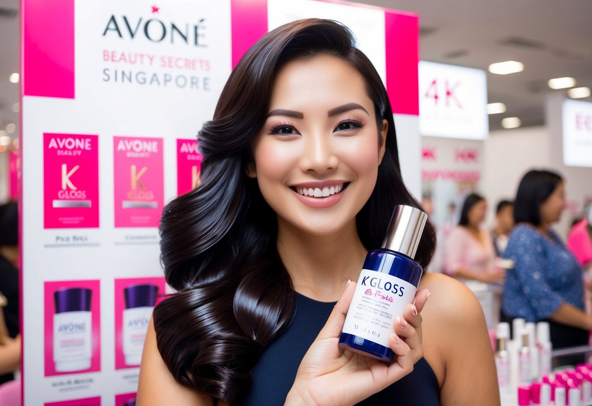 A woman with glossy, luscious hair smiles as she holds a bottle of K-Gloss, surrounded by promotional signs at Avone Beauty Secrets in Singapore