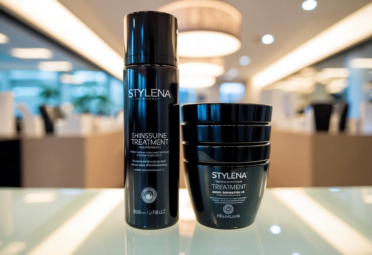 A sleek and glossy hair treatment promotion at StyleNa in Singapore, with the product prominently displayed and a radiant shine emanating from it