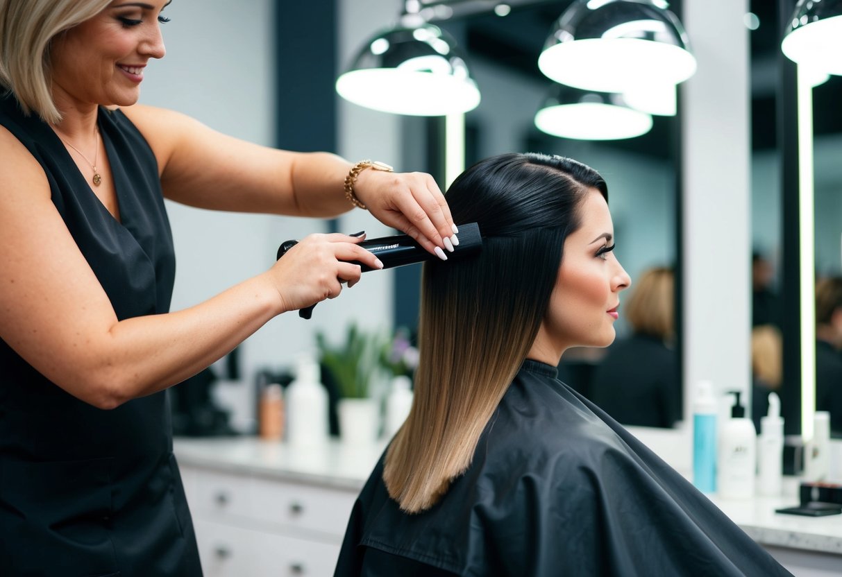 A stylist applies K-Gloss treatment to a client's hair under a salon spotlight