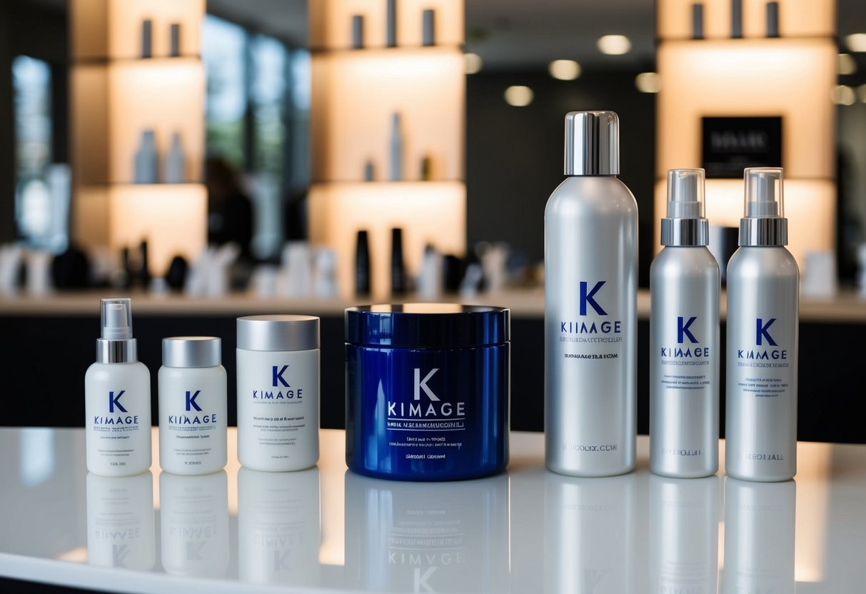 A sleek, shiny hair salon scene with Kimage branding and hair treatment products on display