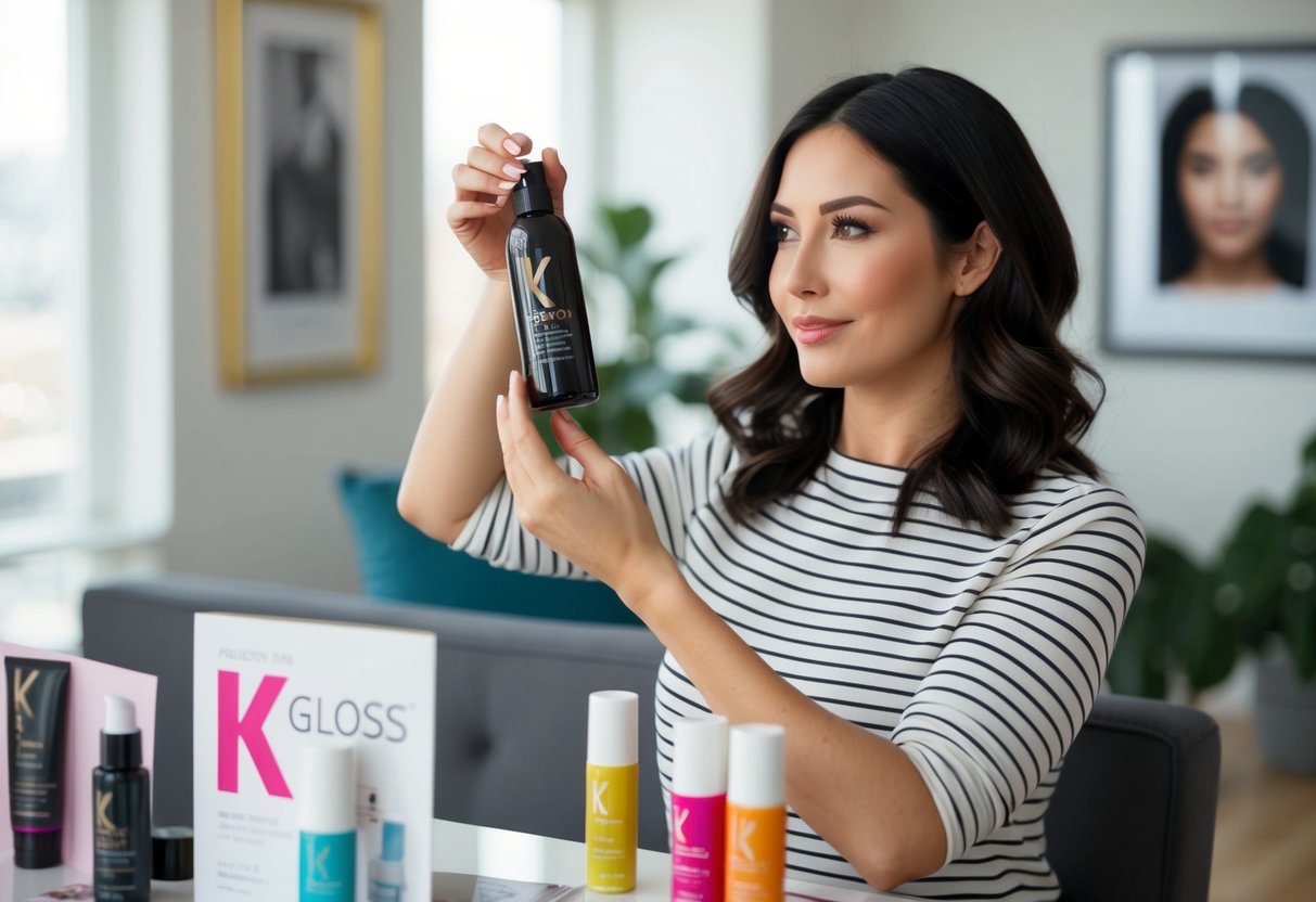 A woman applies K Gloss to her hair at home, surrounded by promotional materials