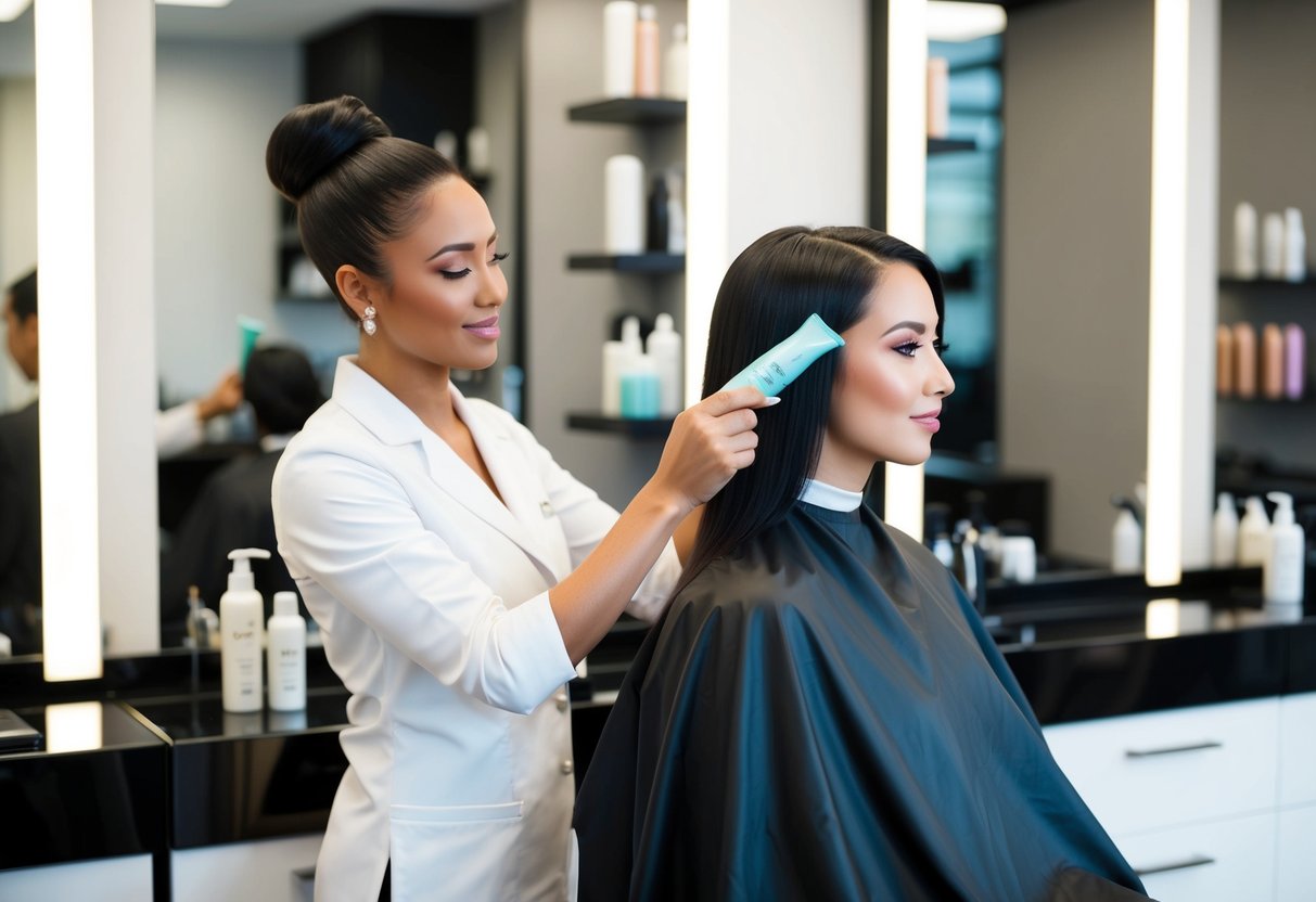 A salon with sleek, modern decor and shelves of hair products. A stylist applies K Gloss treatment to a client's hair