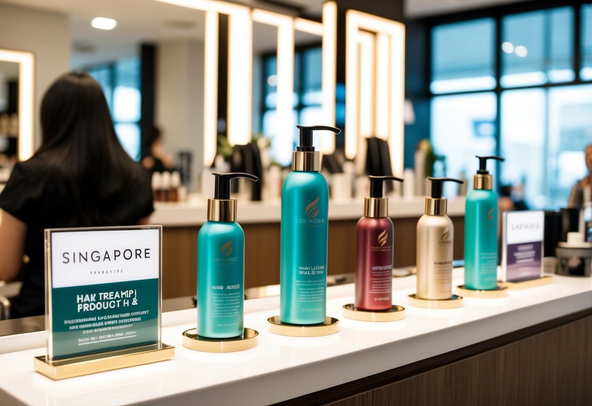 A salon display featuring glossy hair treatment products with promotional signs in Singapore