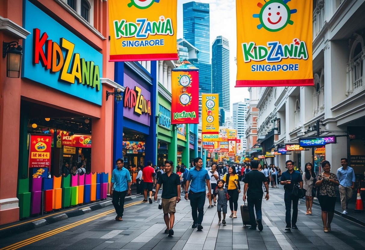 A bustling city street with colorful banners and signs promoting KidZania Singapore. Pedestrians walk by, intrigued by the vibrant displays