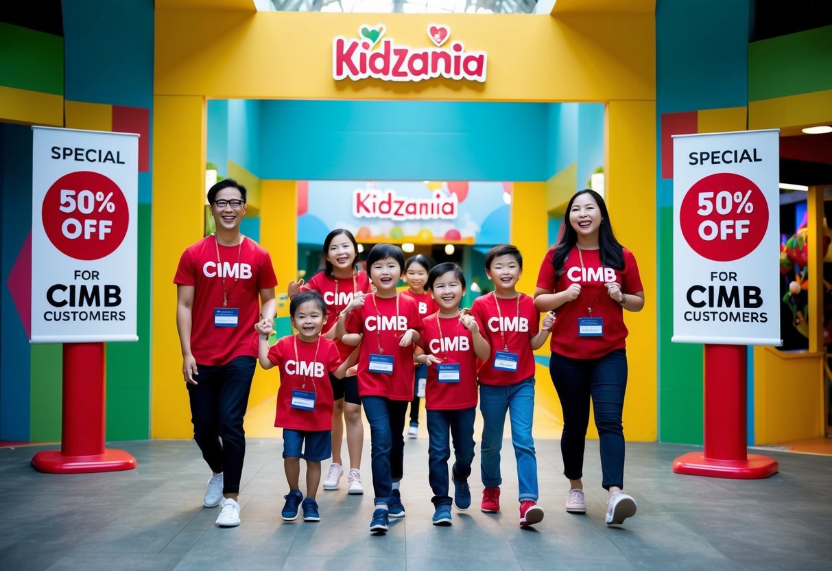 A group of joyful children with their parents, wearing CIMB merchandise, enter KidZania Singapore. Signs and banners display "Special 50% Off for CIMB Customers" promotions