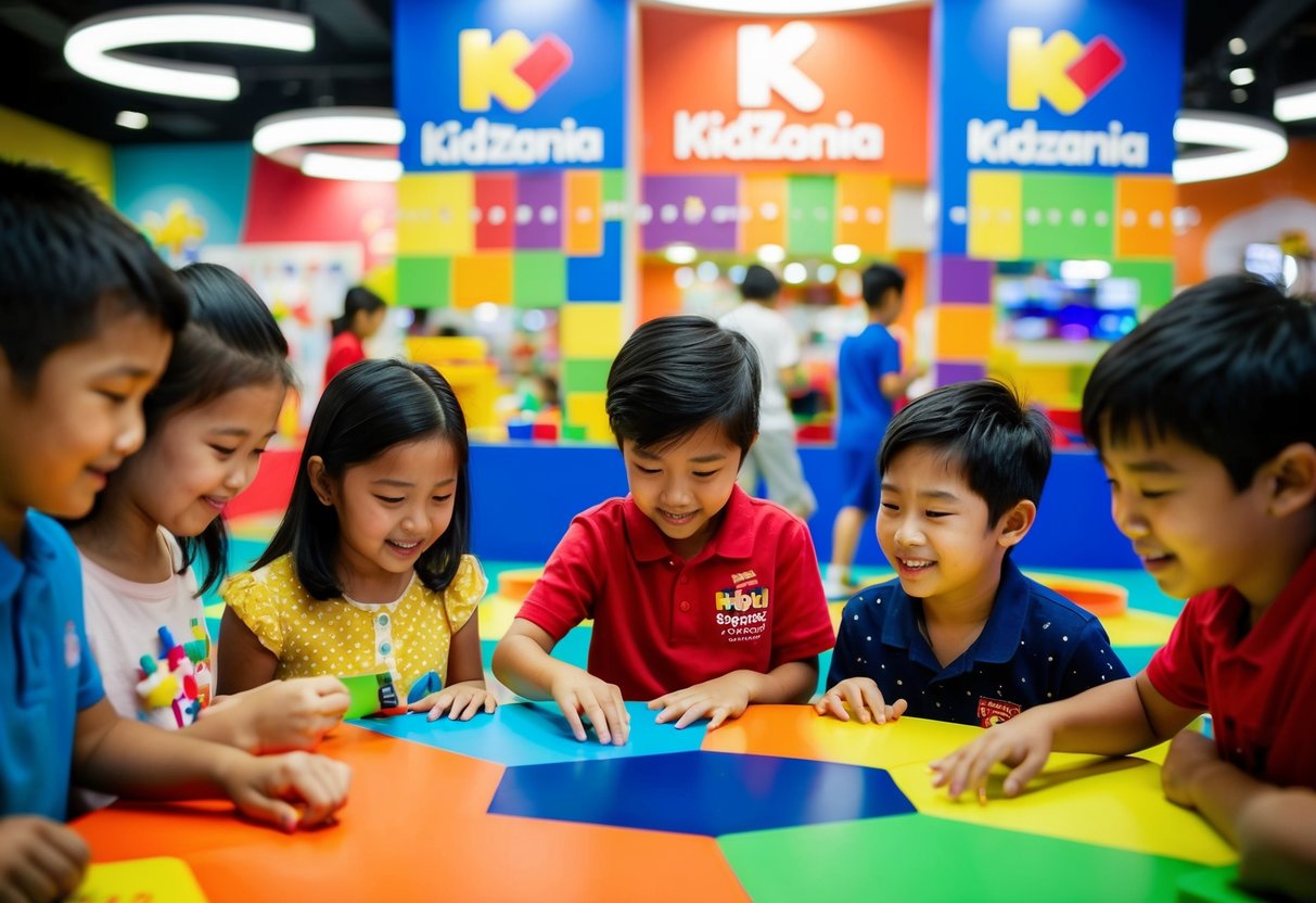 Children engaged in educational activities at KidZania Singapore, surrounded by colorful promotional materials