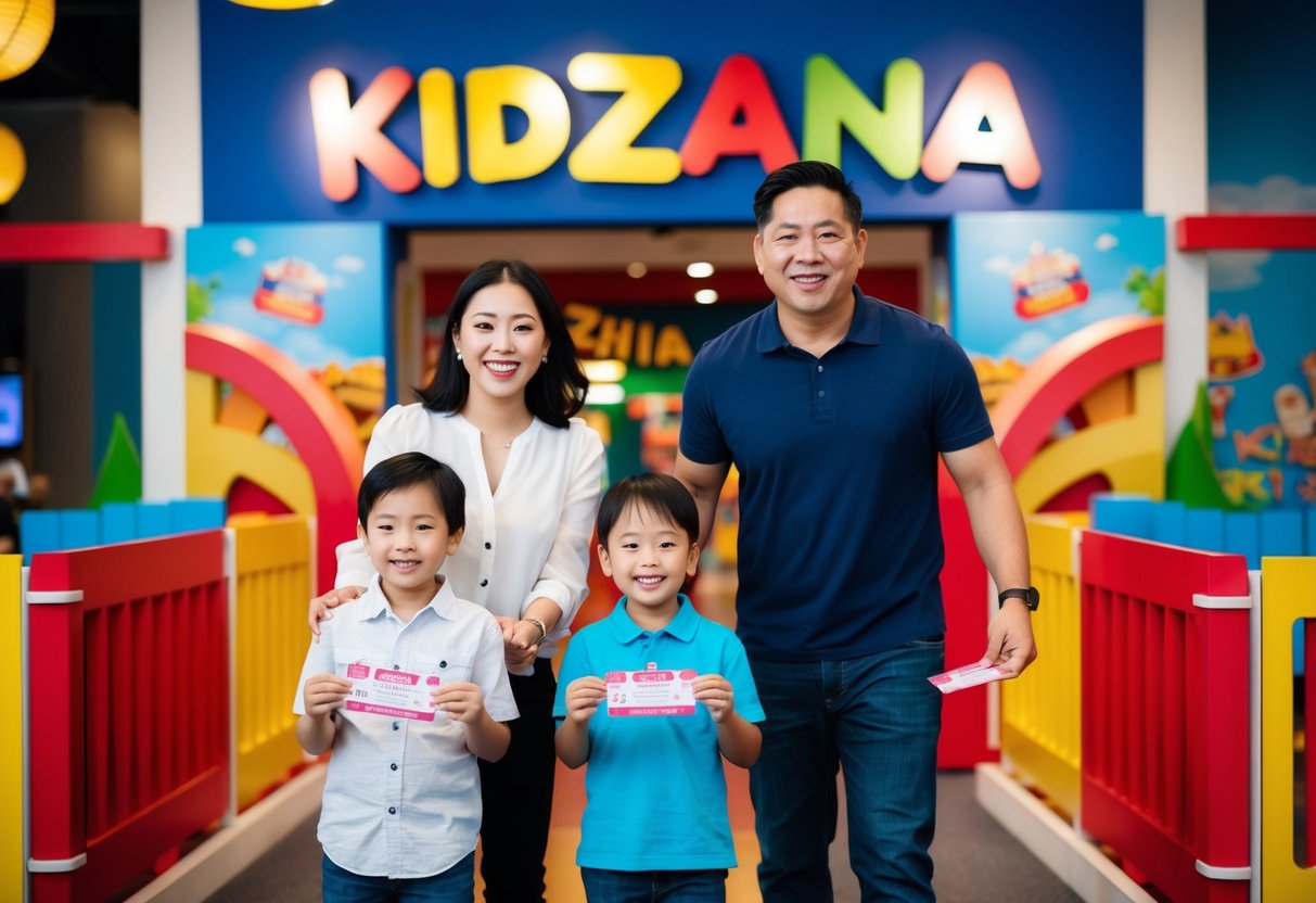 A family of three happily entering KidZania Singapore, with two children holding tickets and an adult entering for free