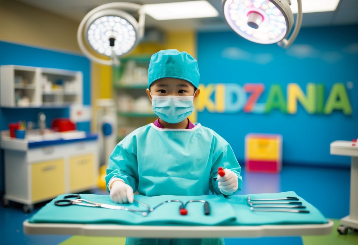 A child-sized doctor costume and surgical tools in a miniature operating room at KidZania Singapore