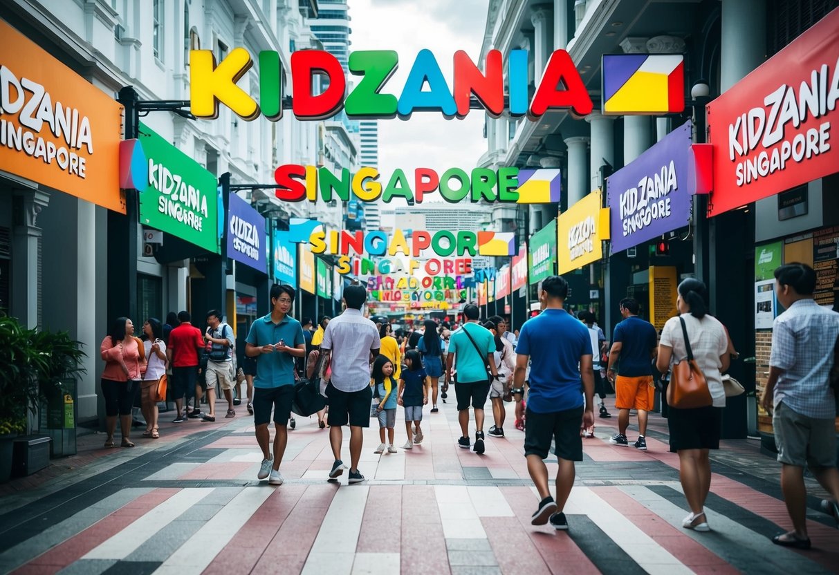 A bustling city street with colorful banners and signs promoting Kidzania Singapore. People walk by, some stopping to read the promotions