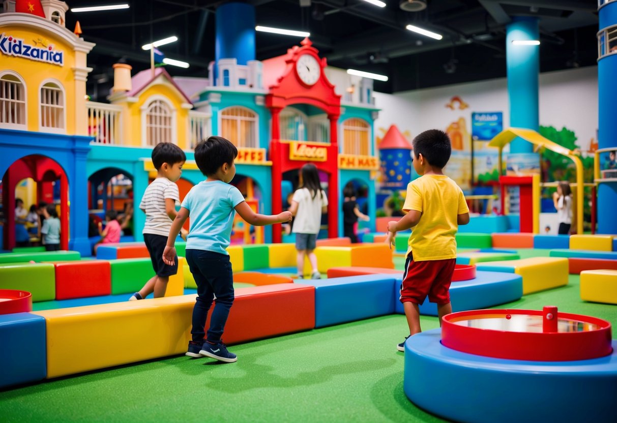 Children exploring interactive play areas at Kidzania Singapore, with colorful buildings and themed activities