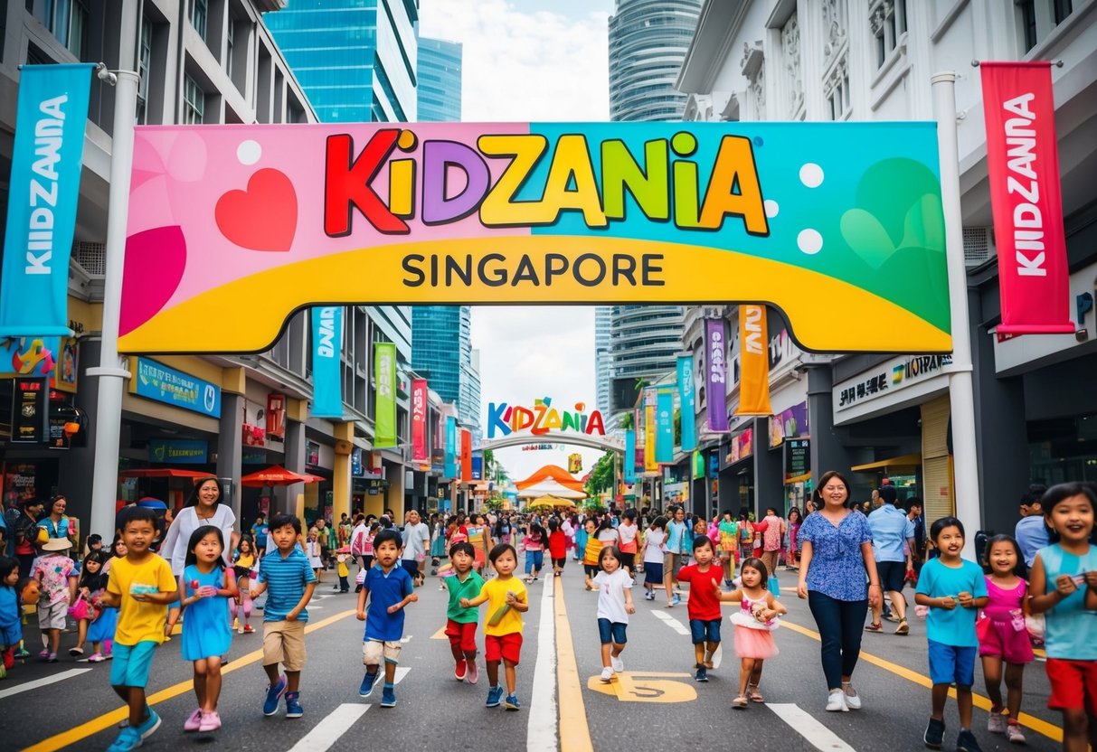 A bustling city street with colorful promotional banners for KidZania Singapore, surrounded by excited children and families