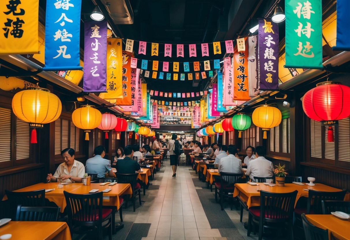 A bustling Japanese restaurant in Singapore with colorful banners and a lively atmosphere