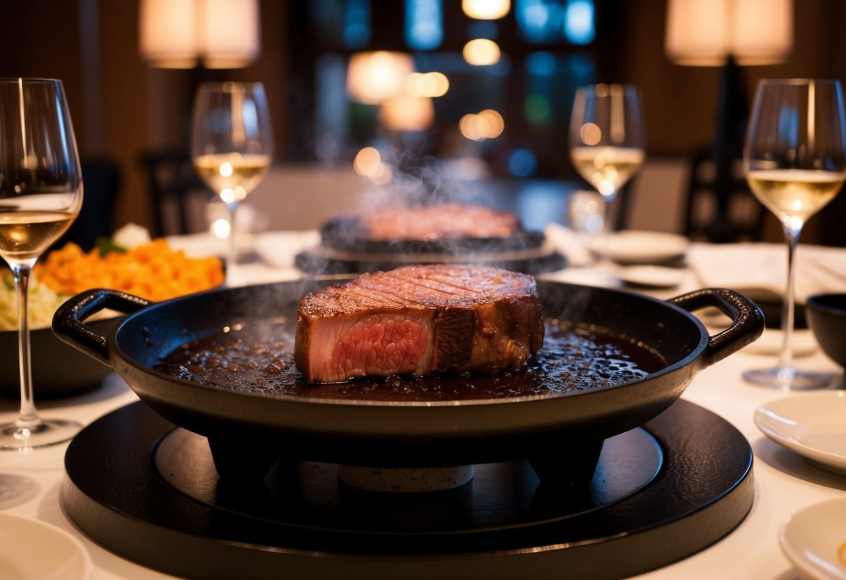 A sizzling Niigata Wagyu ribeye steak on a hot stone at KOMA Japanese restaurant, surrounded by elegant table settings and ambient lighting