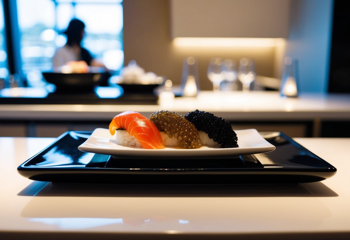 A sleek, modern sushi bar with elegant plating of Kaluga Queen Oscietra Caviar at KOMA restaurant in Singapore