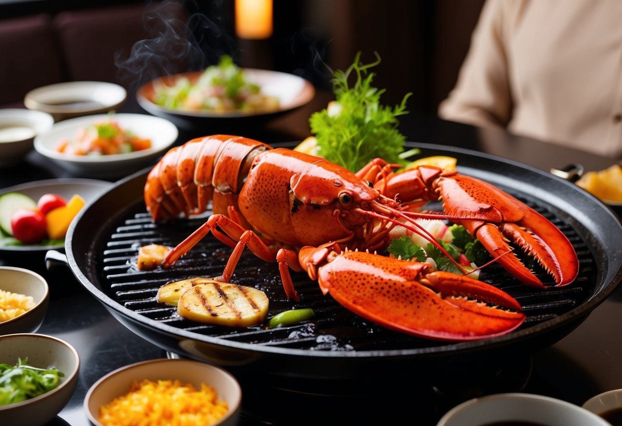 A sizzling lobster dish on a traditional Japanese grill, surrounded by vibrant and fresh ingredients, with the ambiance of KOMA's elegant dining space