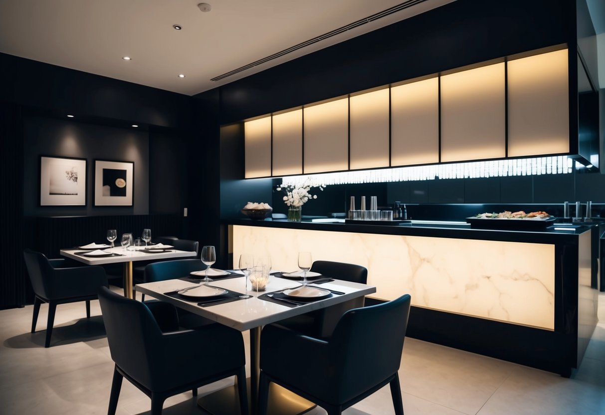 A sleek and modern Japanese restaurant with dim lighting, minimalist decor, and a sushi bar. Tables are set with elegant place settings and the ambiance is sophisticated and serene