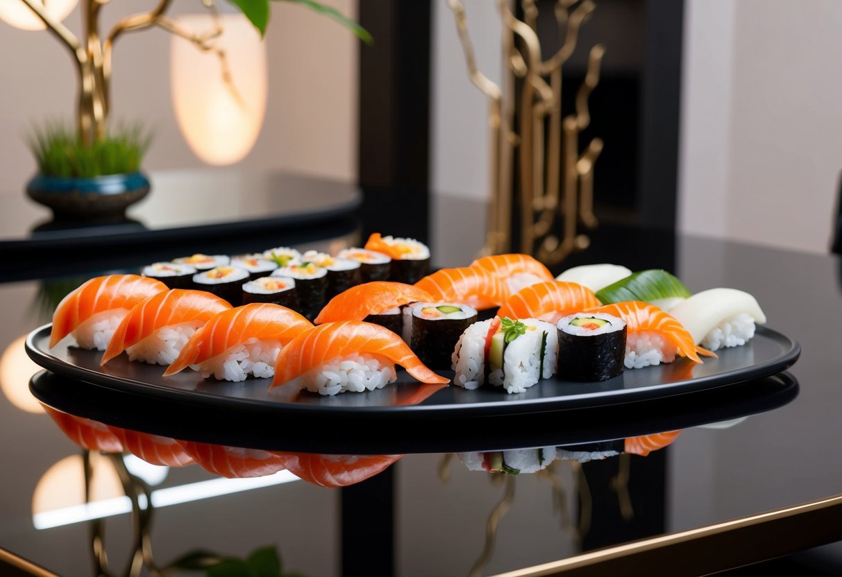 A colorful array of fresh sushi rolls and nigiri arranged on a sleek, modern table setting, with elegant Japanese decor in the background