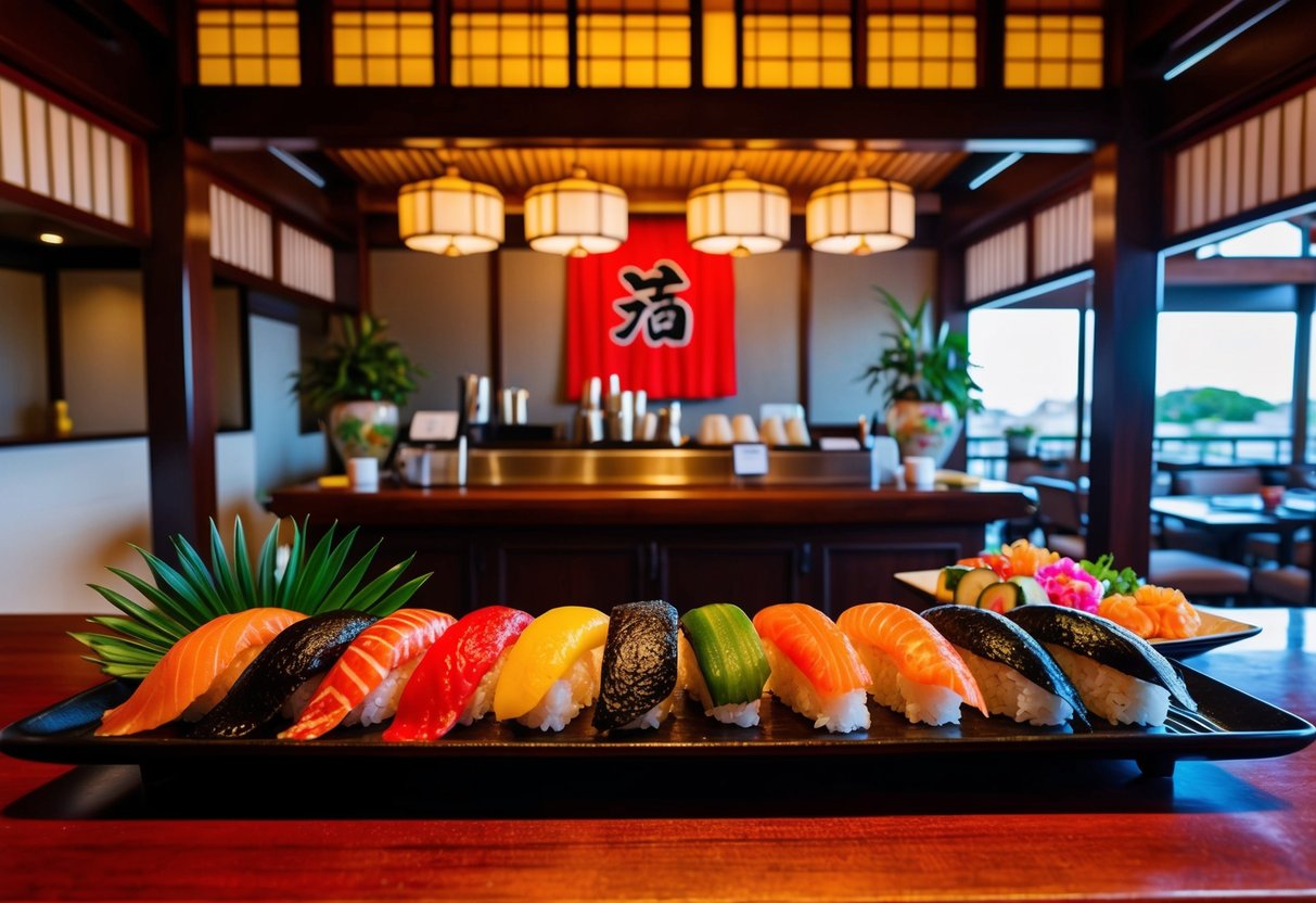 A vibrant sushi bar with an array of fresh and colorful seasonal selections, surrounded by traditional Japanese decor and elegant dining ambiance