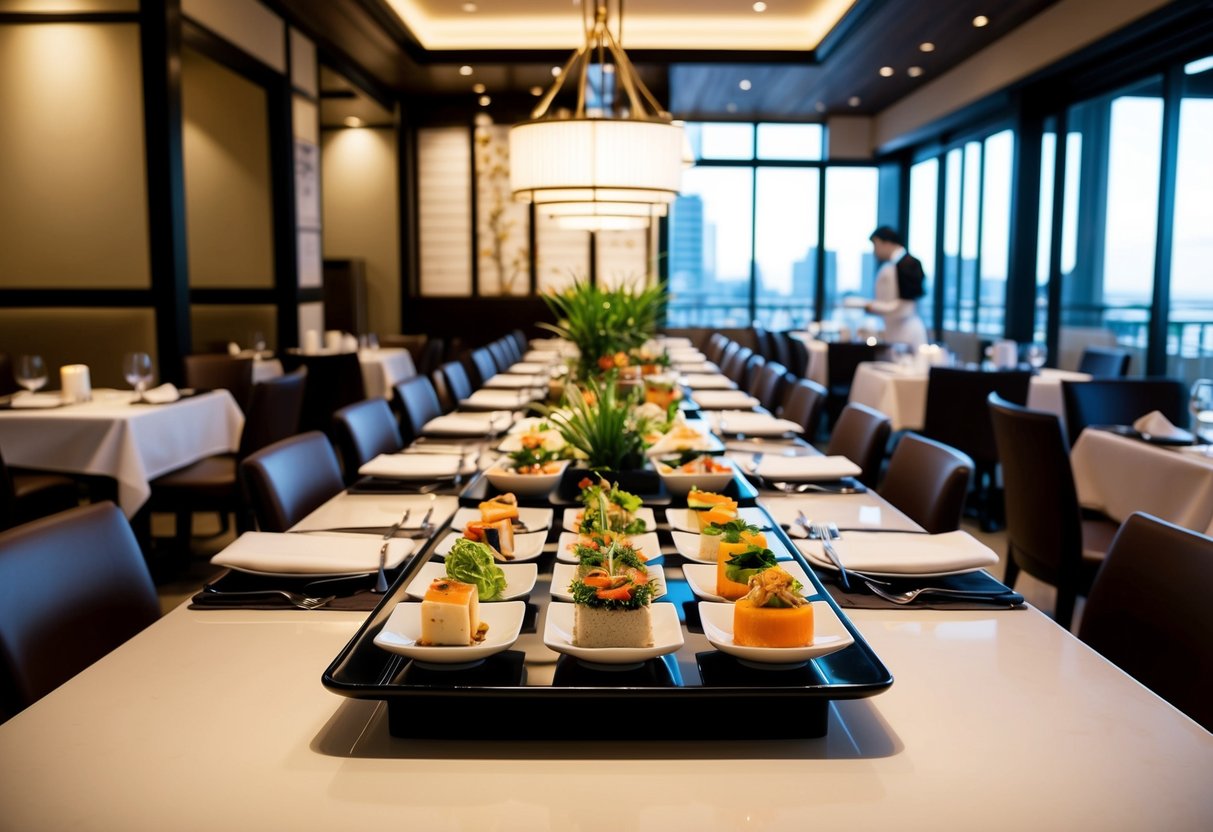 A bustling Japanese restaurant with elegant decor and a display of beautifully presented dishes on a sleek, modern table