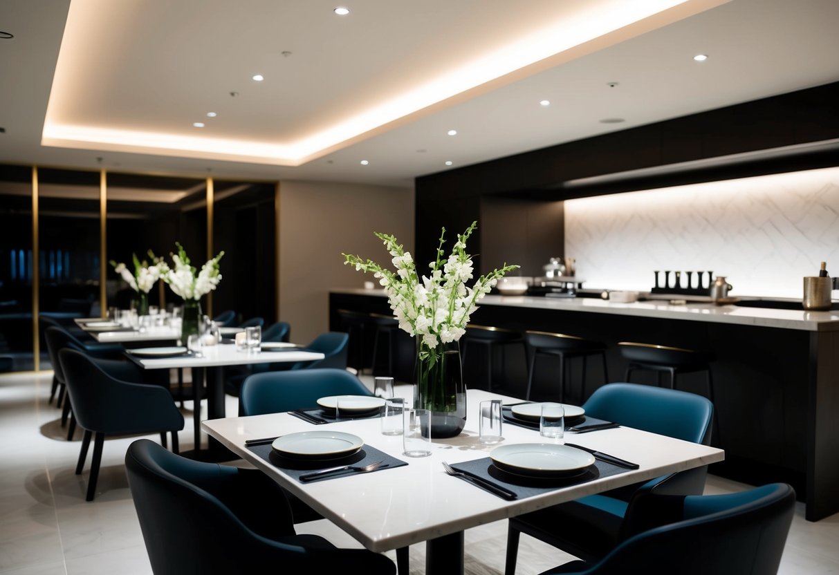 A modern Japanese restaurant with sleek decor, dim lighting, and a sushi bar. Tables are set with minimalist tableware and elegant floral arrangements