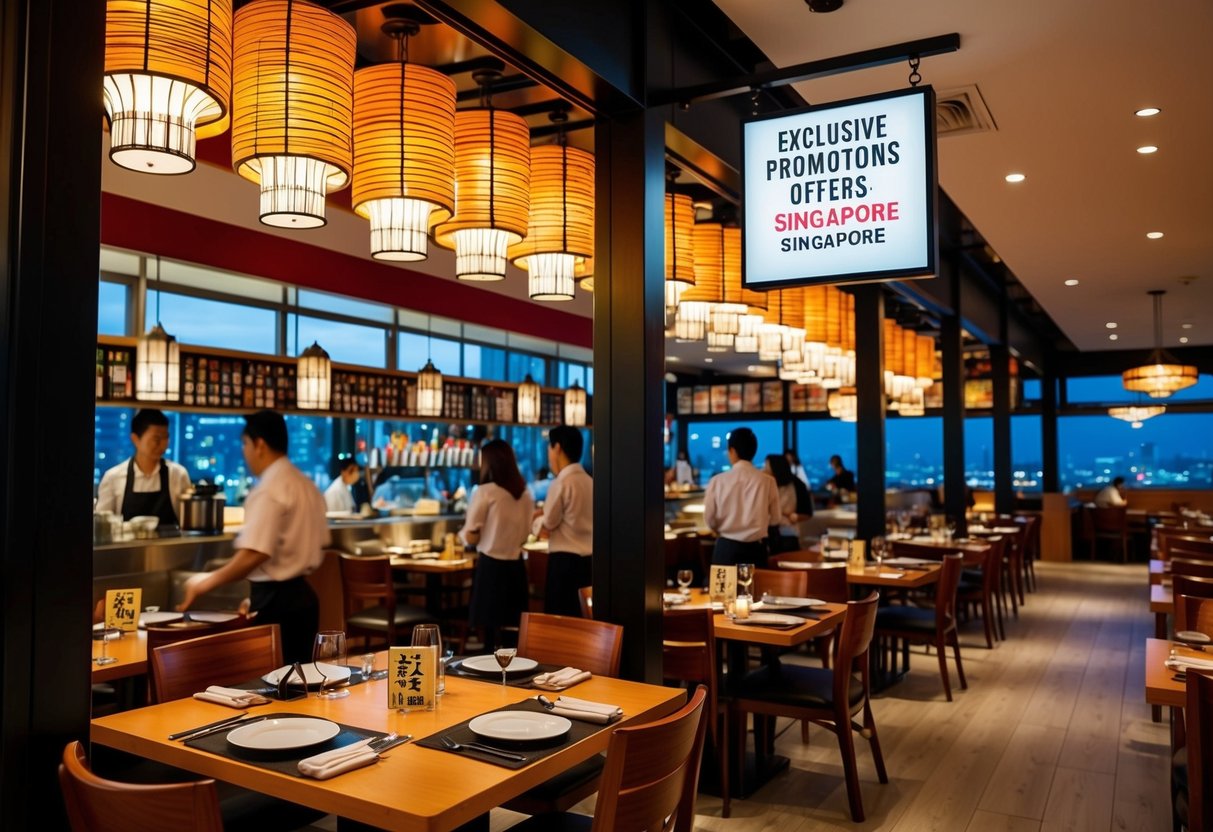 A bustling Japanese restaurant with vibrant decor and a sign promoting exclusive promotions and offers in Singapore