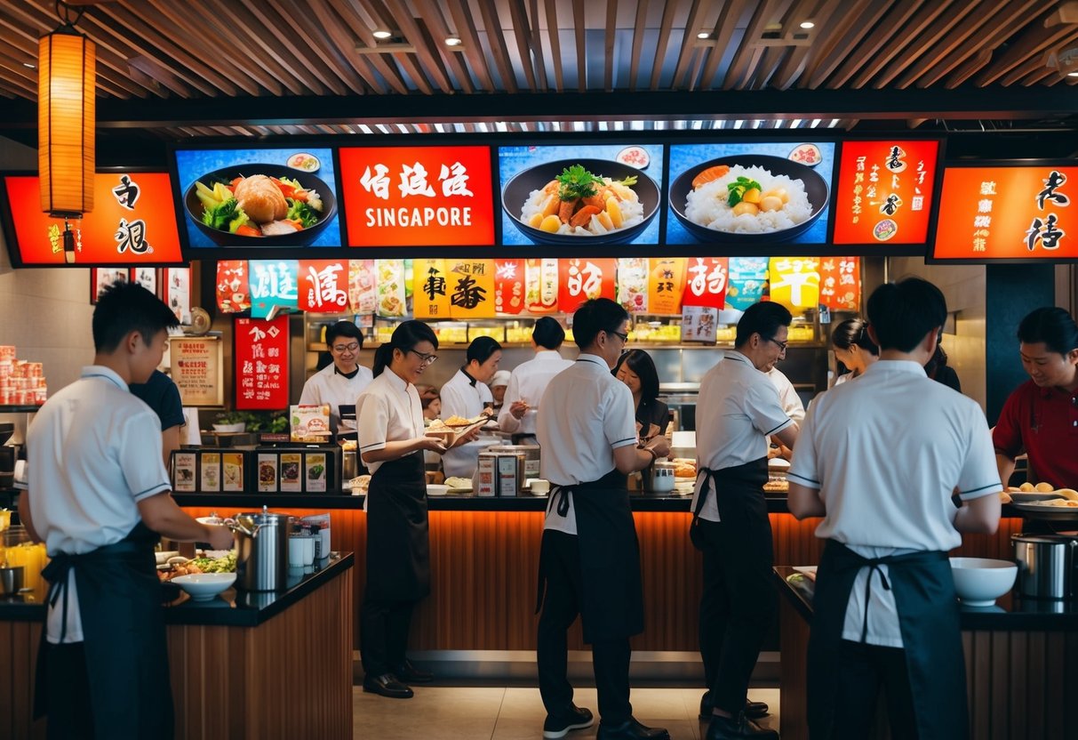A bustling Japanese restaurant with vibrant promotional displays and a busy staff attending to customers in Singapore